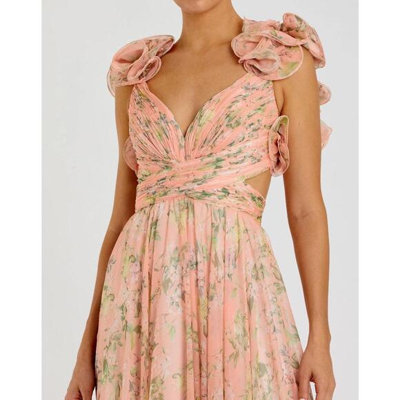 Mac Duggal - Women’s Tiered Pink Floral Chiffon Gown, cutout back, size 10 - Picture 2 of 13